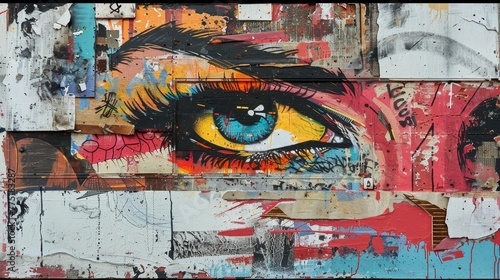 A colorful painting of an eye with a blue iris. The eye is surrounded by a red and white border. The painting is a work of street art, with a graffiti-like style