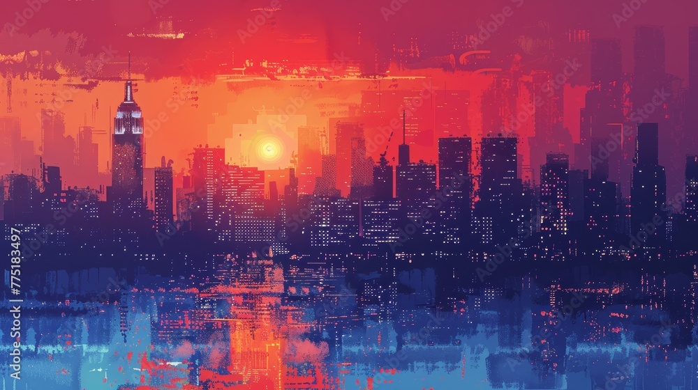 A city skyline with a large building in the foreground and a sunset in the background. The sky is a mix of red and blue, creating a warm and calming atmosphere A city skyline with a large building in the foreground and a sunset in the background. The sky is a mix of red and blue, creating a warm and calming atmosphere