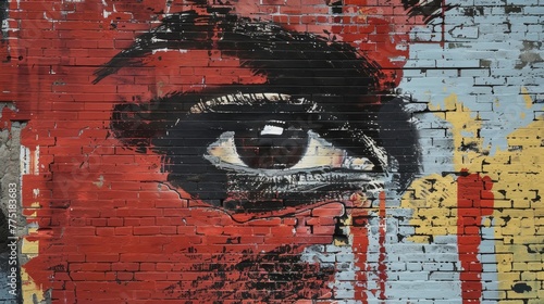 Wallpaper Mural A painting of a face with a red eye and a black nose. The painting is done on a brick wall Torontodigital.ca