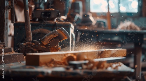 Woodworking with  carpenter in a workshop sawing a wooden board