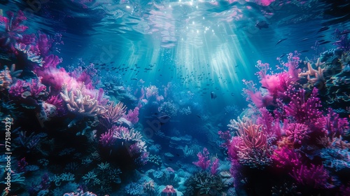 A beautiful underwater scene with pink and purple coral and fish. The water is clear and the sun is shining brightly, creating a serene and peaceful atmosphere