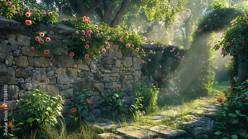 A secret garden hidden behind an ancient stone wall photo