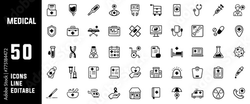 50 Medical and Healthcare Icons Set Pack Line Editable Vector Illustration