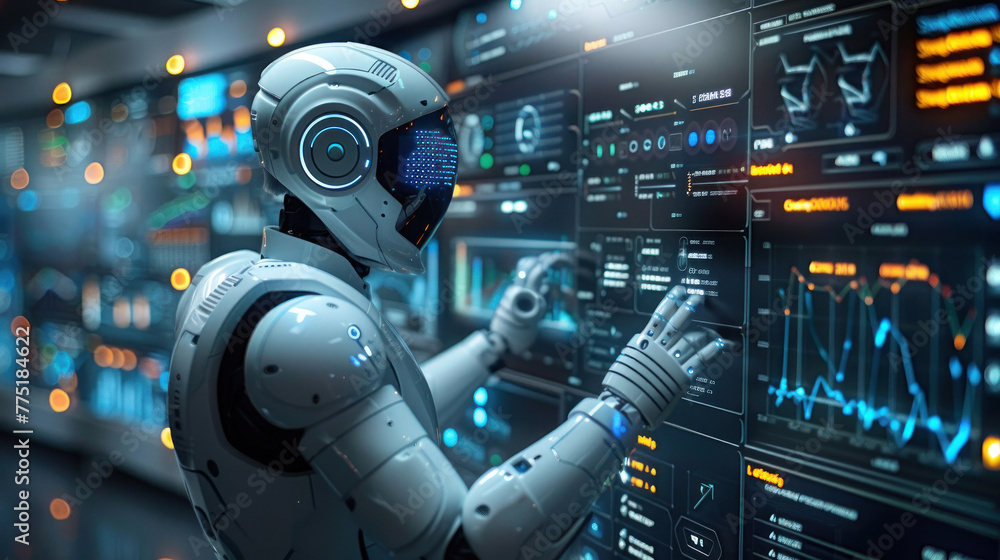 A humanoid robot examines a financial chart, representing AI's role in finance and market analysis A humanoid robot examines a financial chart, representing AI's role in finance and market analysis