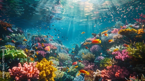A colorful coral reef with many fish swimming around. The fish are of various colors and sizes, and the reef is teeming with life. The scene is vibrant and lively