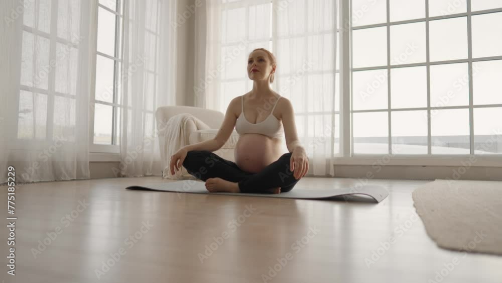 Pregnant woman doing meditation at home. Attractive female practices yoga stretching meditation, sitting at yoga mat at floor in lotus pose, deep breathing. Pregnant yoga training, maternity concept. Pregnant woman doing meditation at home. Attractive female practices yoga stretching meditation, sitting at yoga mat at floor in lotus pose, deep breathing. Pregnant yoga training, maternity concept.