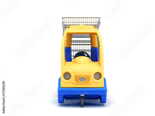 Baby blue car with a shopping basket in the back front view 3d render on white