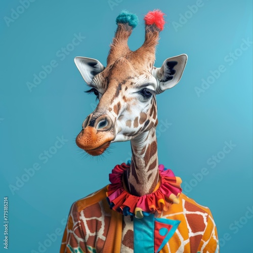 a giraffe wearing a clown suit collectible on a blue background