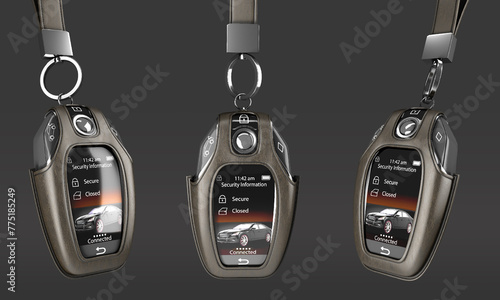 Car remote control key set in lather case realistic view 3d render on darck