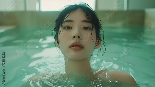 Beautiful young Asian woman relaxing in green swimming pool. Represents relaxation.