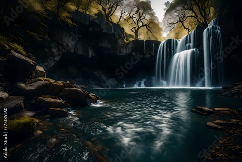 A panoramic view of a waterfall in full flow, capturing the sheer power and force of nature in its most captivating form