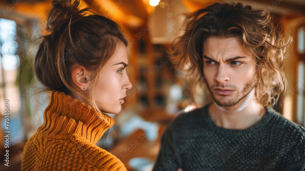A man and a woman look at each other with confused expressions indoors, suggesting a misunderstanding A man and a woman look at each other with confused expressions indoors, suggesting a misunderstanding