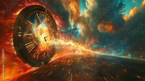 A clock is shown in a fiery explosion, with the hands pointing to the number 12. The image has a sense of chaos and destruction, with the clock being the only thing that remains intact
