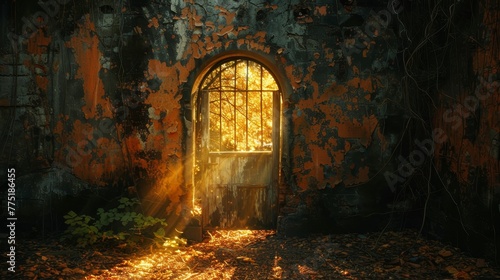 A door is open in a dark room with sunlight shining through it. Scene is eerie and mysterious © Sodapeaw