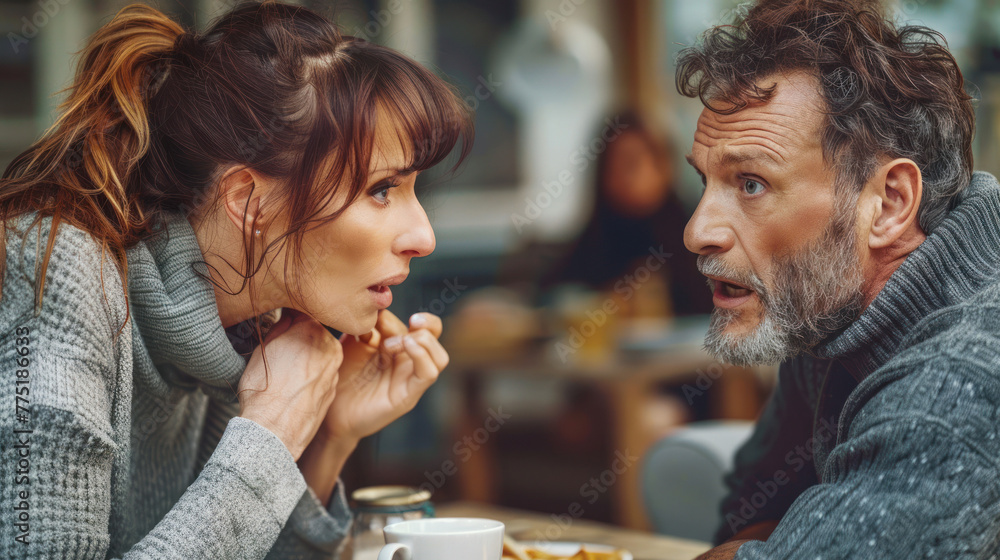 An older man and woman engage in an animated conversation over coffee in a public setting