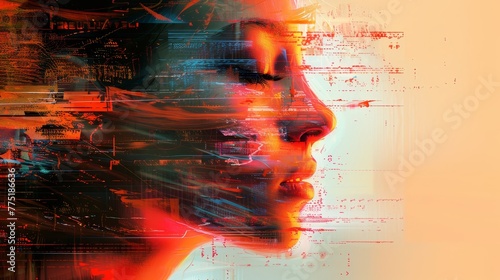 A woman's face is blurred and pixelated, giving the impression of a digital image. The colors are bright and intense, creating a sense of energy and movement. Scene is dynamic and futuristic
