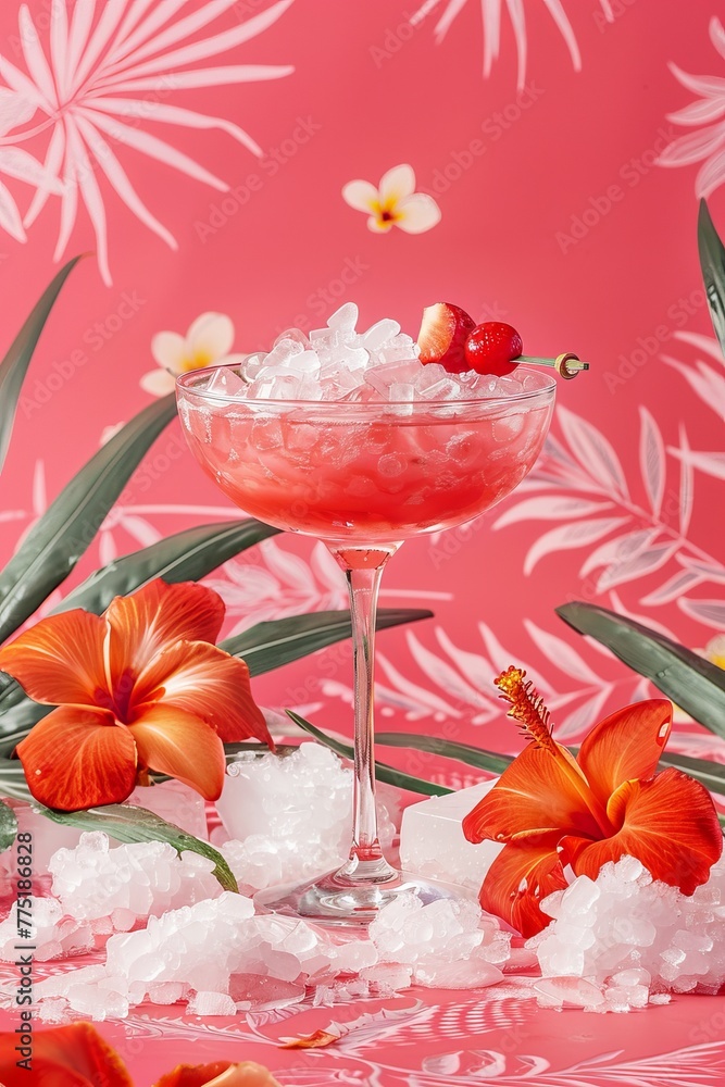 Pink Cocktail With Garnish on Crushed Ice Pink Cocktail With Garnish on Crushed Ice
