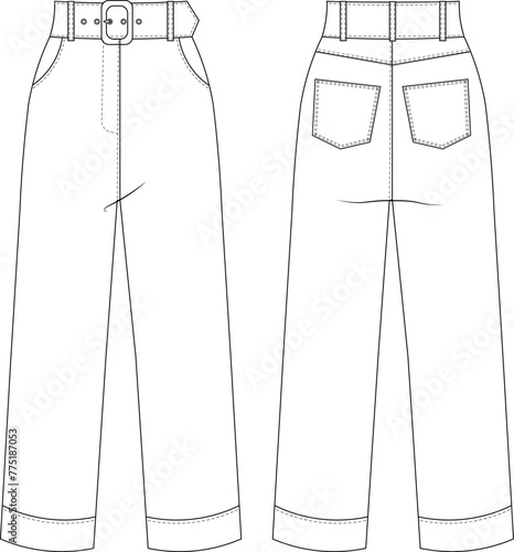 belted wide straight  high rise waist denim jean pant trouser template technical drawing flat sketch cad mockup fashion woman design style model

