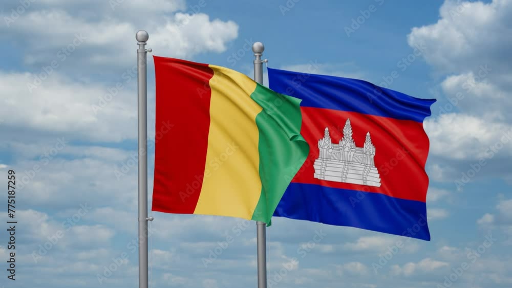 Cambodia and Republic of Guinea two flags waving together, looped video, two country relations concept Cambodia and Republic of Guinea two flags waving together, looped video, two country relations concept
