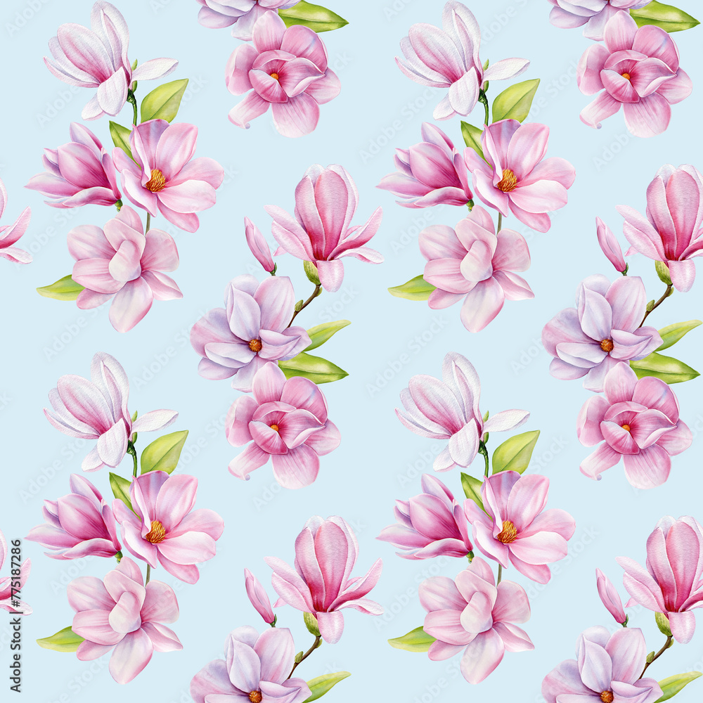 Spring magnolia blooming flowers. Seamless pattern pink petals, blossom, branches. Design spring floral background Spring magnolia blooming flowers. Seamless pattern pink petals, blossom, branches. Design spring floral background