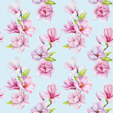 Spring magnolia blooming flowers. Seamless pattern pink petals, blossom, branches. Design spring floral background