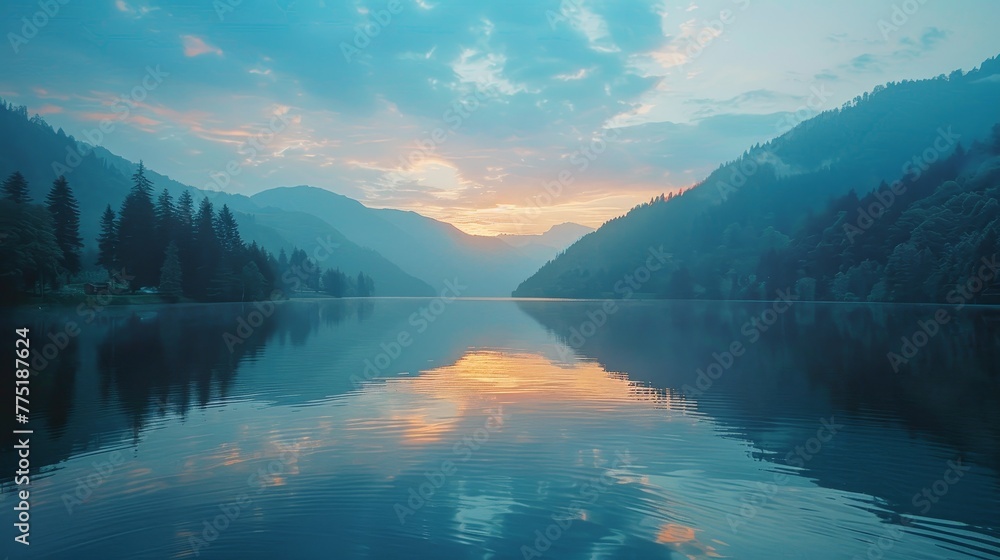 A beautiful lake with a sunset in the background. The sky is blue and the water is calm A beautiful lake with a sunset in the background. The sky is blue and the water is calm