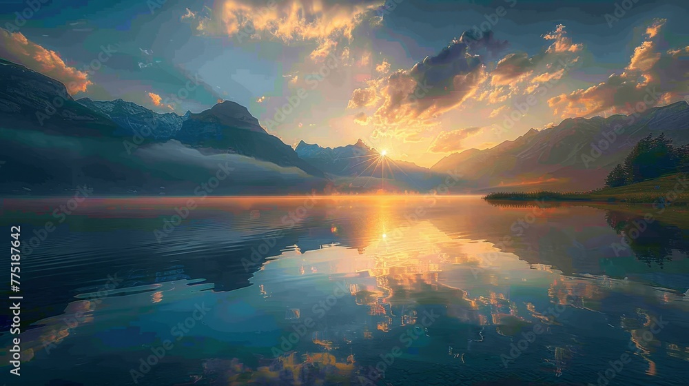 A beautiful sunset over a lake with mountains in the background. The sky is filled with clouds, and the sun is setting behind the mountains. The water is calm and still. The scene is serene