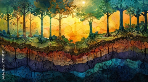 Fototapeta Naklejka Na Ścianę i Meble -  A painting of a forest with trees and a river