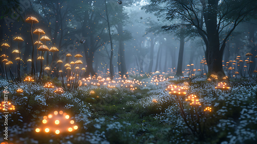 A serene glade filled with the soft glow of bioluminescent mushrooms photo