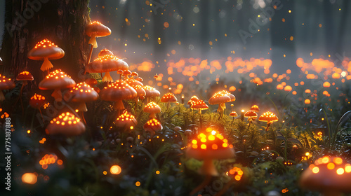 A serene glade filled with the soft glow of bioluminescent mushrooms