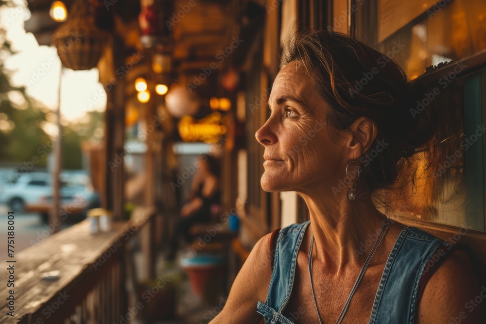 Portrait of a beautiful mature woman looking out the window of a restaurant