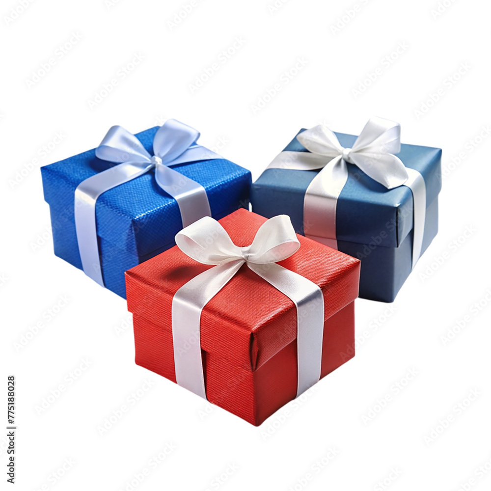 3 Different colors gift boxes blue red and white isolated on transparent background. 3 Different colors gift boxes blue red and white isolated on transparent background.