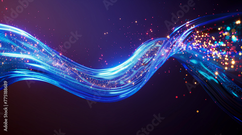 Abstract flowing fluid light particles purple and blue on black background in concept technology, science