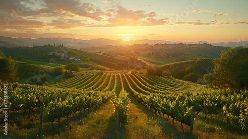 A serene pastoral scene with rolling hills dotted with vineyards and olive groves  bathed in the golden light of sunset
