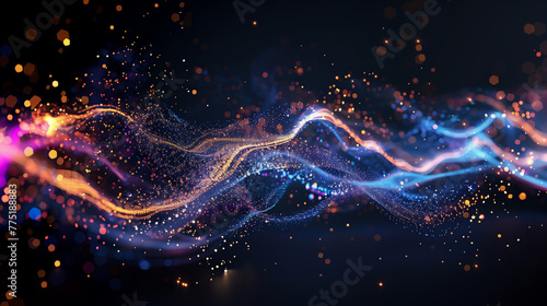 Abstract flowing fluid light particles purple and blue on black background in concept technology, science