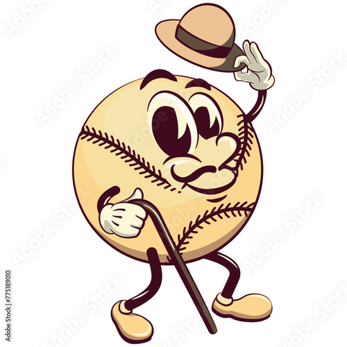 baseball cartoon vector isolated clip art illustration mascot carrying a stick and saluting with raised hat, work of hand drawn