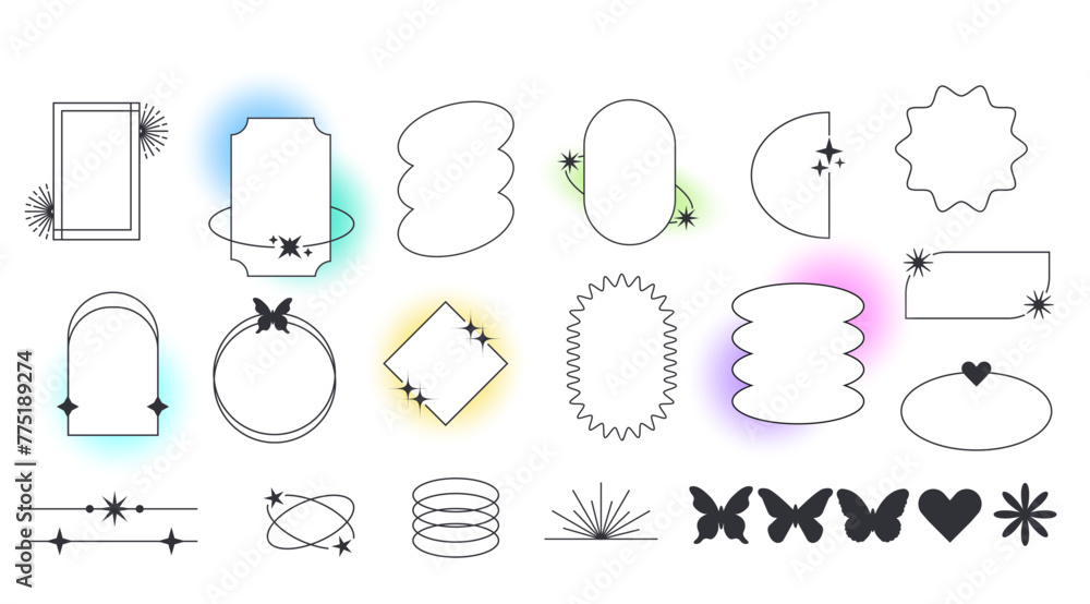 Set of retro geometric frame wit stars. Border with abstract shapes and blur light. . Y2k aesthetic design. Trendy geometric design elements. Set of retro geometric frame wit stars. Border with abstract shapes and blur light. . Y2k aesthetic design. Trendy geometric design elements.