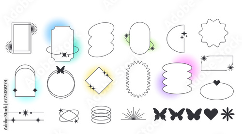 Set of retro geometric frame wit stars. Border with abstract shapes and blur light. . Y2k aesthetic design. Trendy geometric design elements.