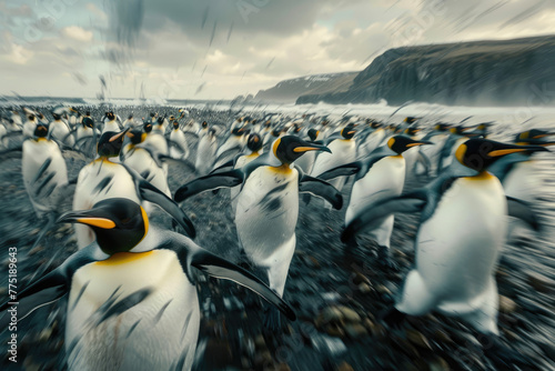 hundreds of king penguins, in motion, on the beach, with motion blur,