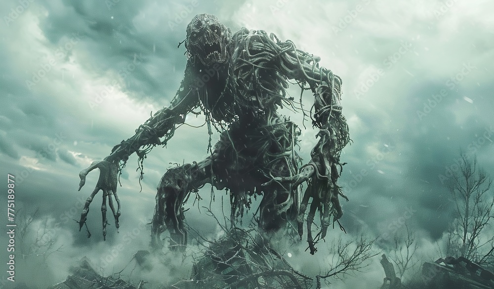 Obraz premium Giant creature made of branches and roots against a stormy sky. The concept of a fantasy monster.