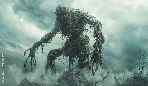 Giant creature made of branches and roots against a stormy sky. The concept of a fantasy monster.