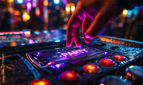 A hand poised to press a glowing green PARTY button on a colorful console, signifying the start of entertainment or celebration in a vibrant nightlife setting
