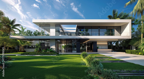 Modern two-story villa with large glass windows, courtyard and lawn landscape design rendering. The front of the house is symmetrical on both sides © Kien