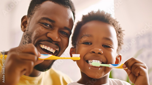 Dad and son brush their teeth with a toothbrush in bathroom interior. Concept of daily dental care, oral hygiene, raising children, good habits, father's day
