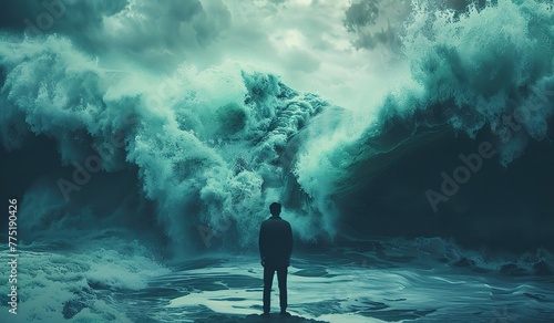 A man in dark clothes stands facing a massive wave. The concept of natural disasters. photo