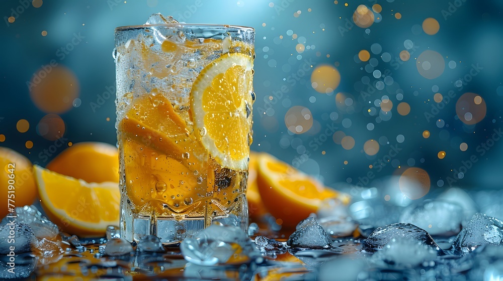 crispness of a sparkling lemonade against a refreshing sky-blue background, with condensation glistening on the glass, in cinematic 8k full ultra HD. - obrazy, fototapety, plakaty 