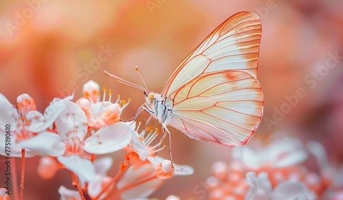 White transparent butterfly on a blooming orange flower. The concept of life's fragility.