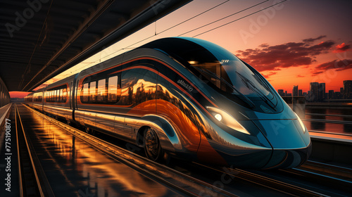 a high speed train as it speeds along the railway. Immerse yourself in the world of rapid transit aboard a high speed train, where speed meets comfort and convenience