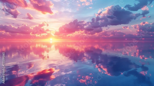 A serene sunrise reflected in the mirrored surface of a glassy lake, painting the sky with hues of pink and gold