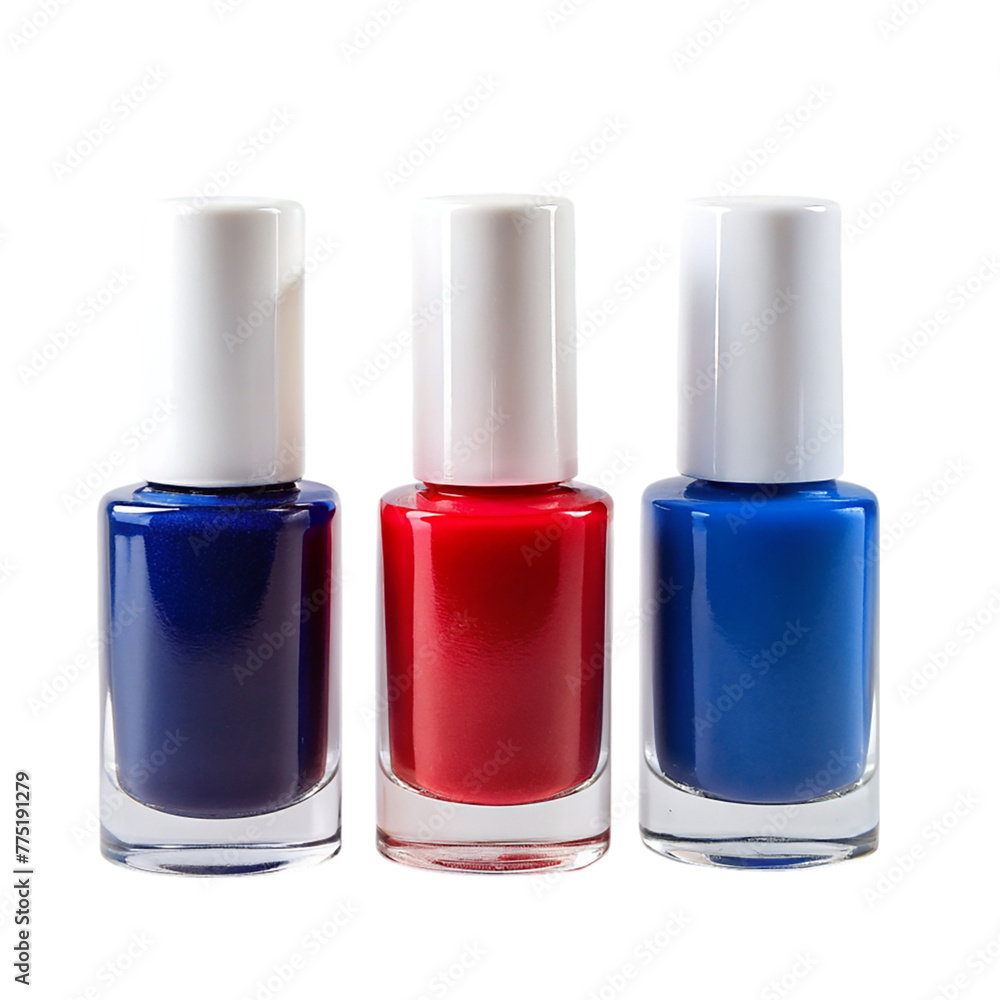 3 Different colors nail polish blue red and white isolated on transparent background.